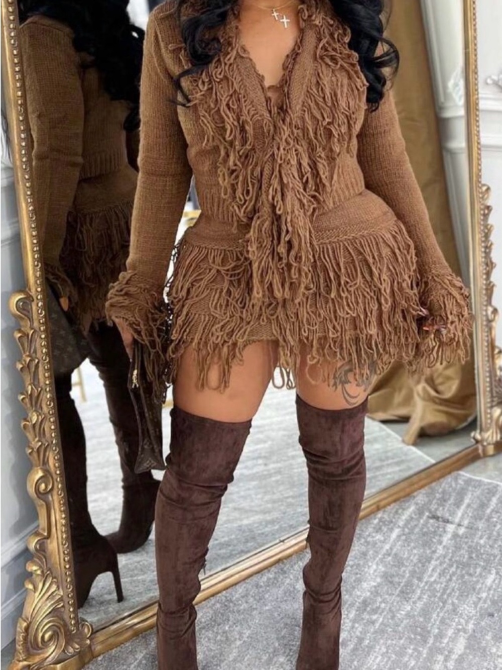 Fringed Knit Long Sleeve Mini Dress - Brown